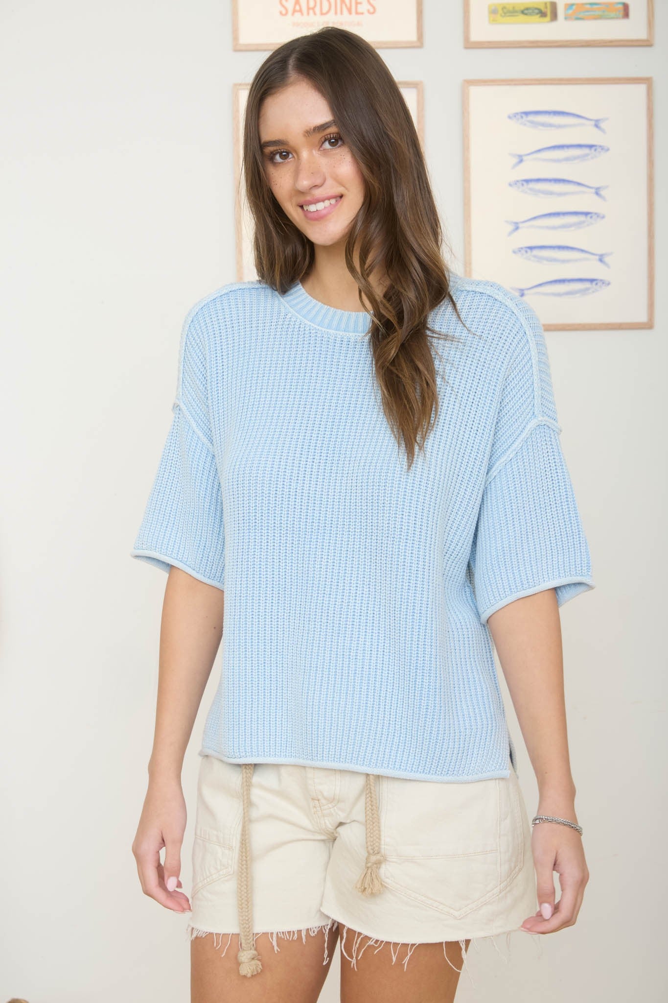 JOA Crew Neck Short Sleeve Drop Shoulder Raw Edge Sweater