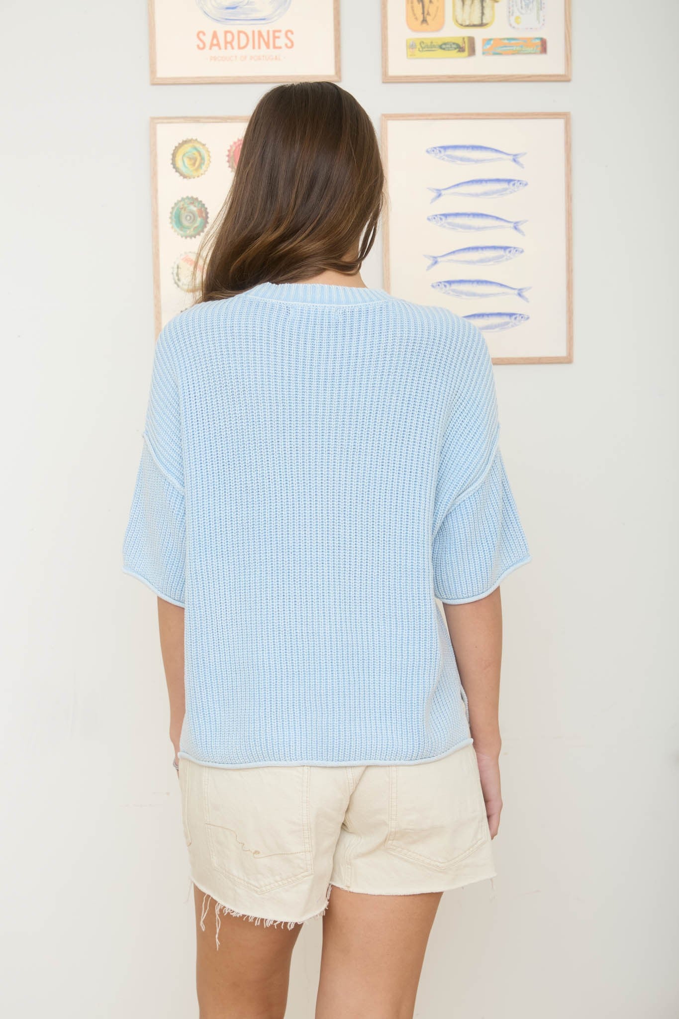 JOA Crew Neck Short Sleeve Drop Shoulder Raw Edge Sweater