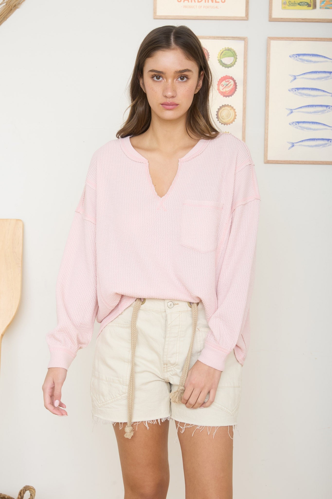 JOA Split Neck Raw Edge Ribbed Knit Top