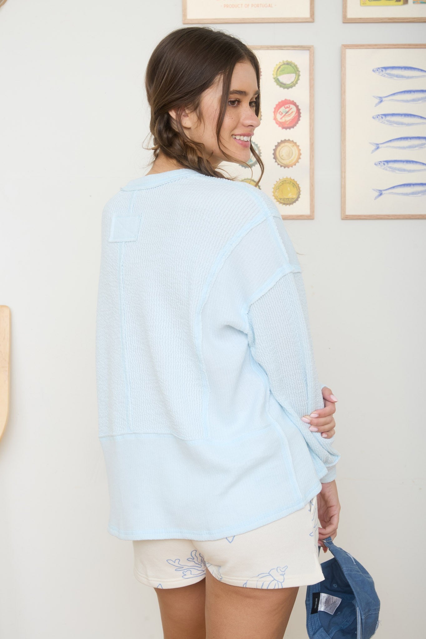 JOA Split Neck Raw Edge Ribbed Knit Top