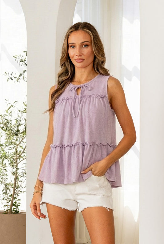 Sew In Love Sleeveless Tie Front Tiered Top