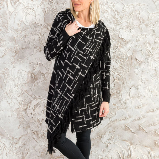 Arianna Asymmetrical Wrap Sweater With Fringe Detail