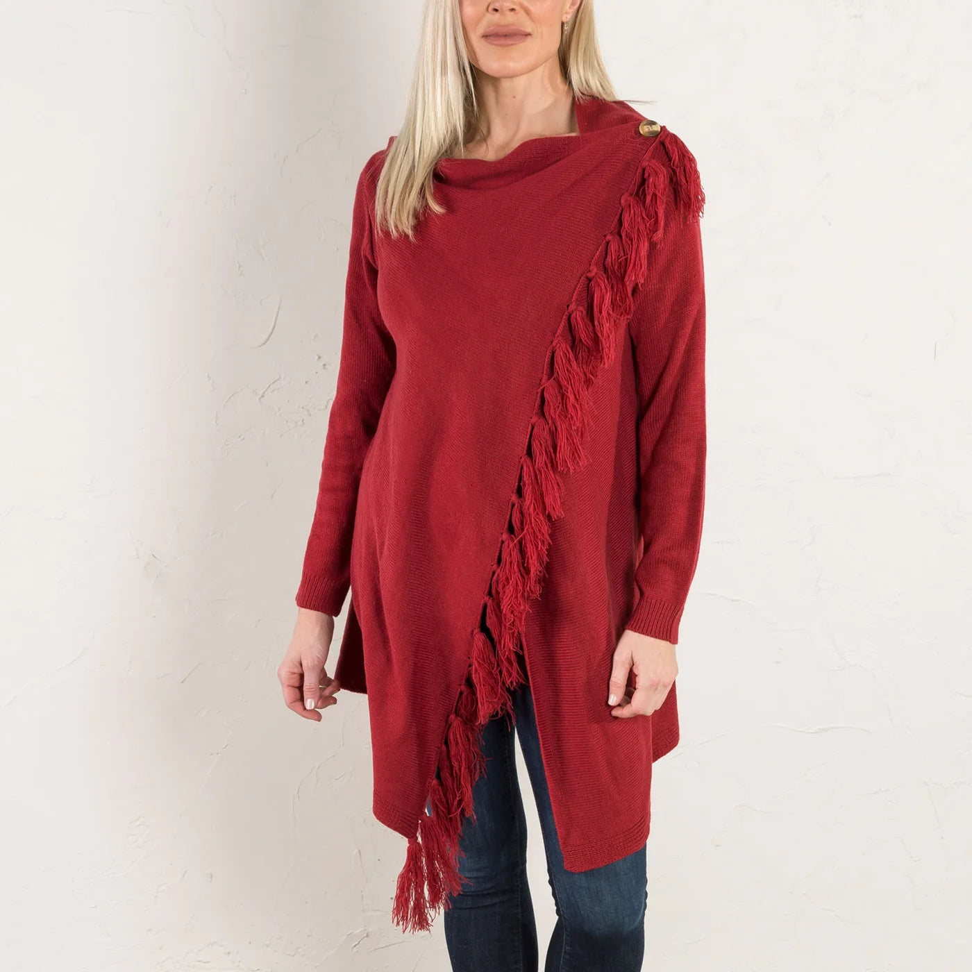 Arianna Asymmetrical Wrap Sweater With Fringe Detail