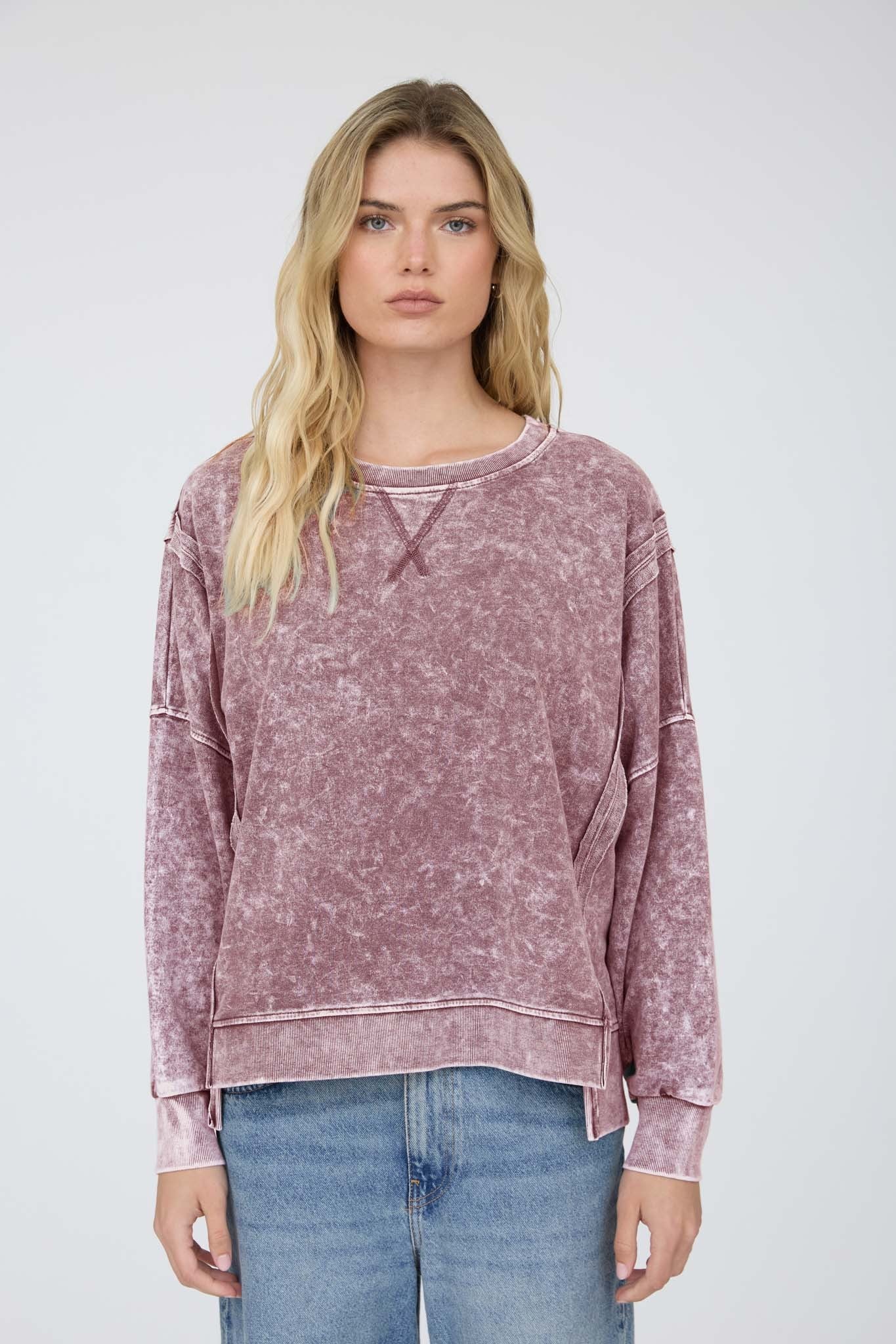 JOA Acid Wash Long Sleeve Side Slit Knit Top