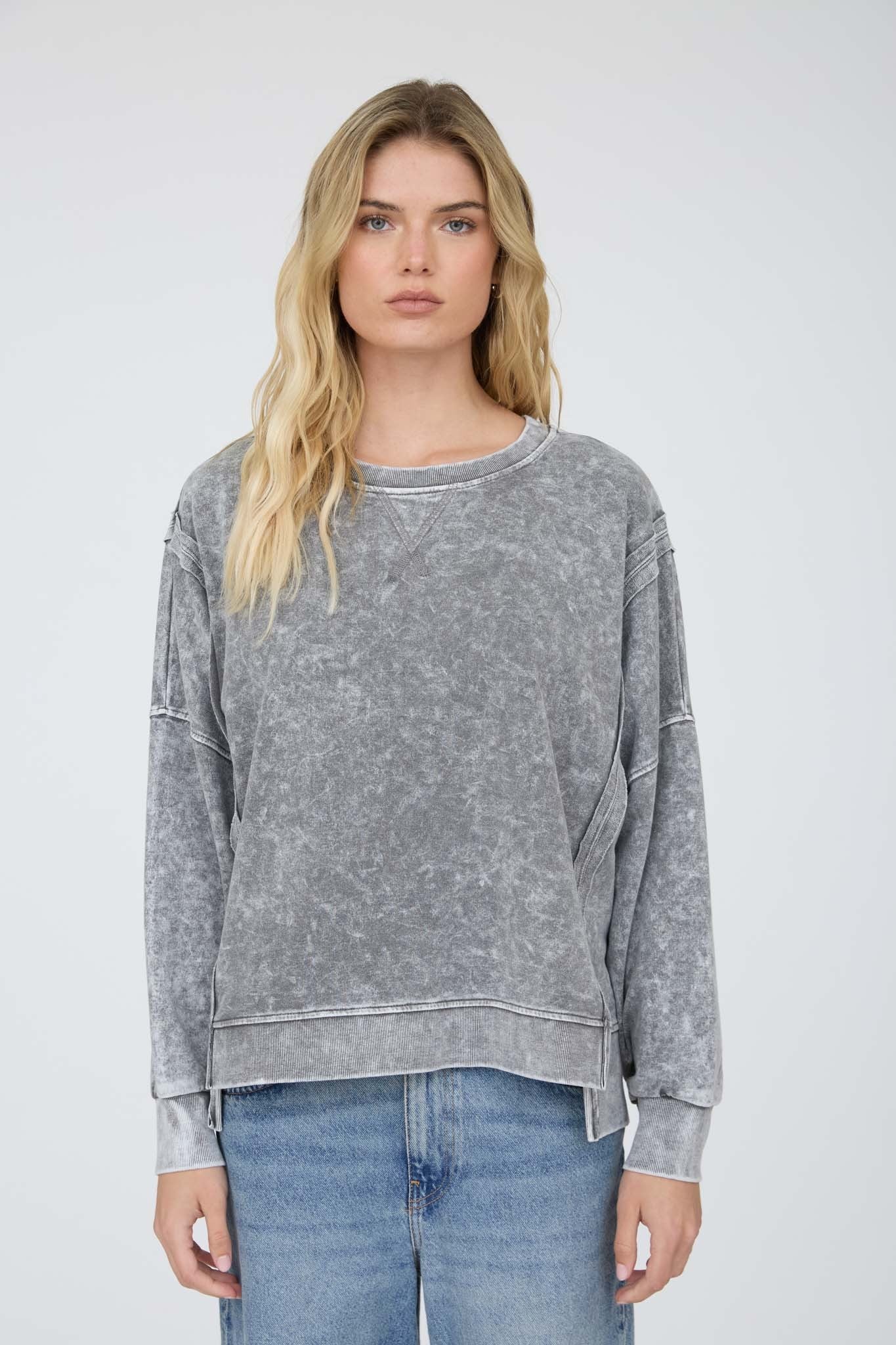 JOA Acid Wash Long Sleeve Side Slit Knit Top