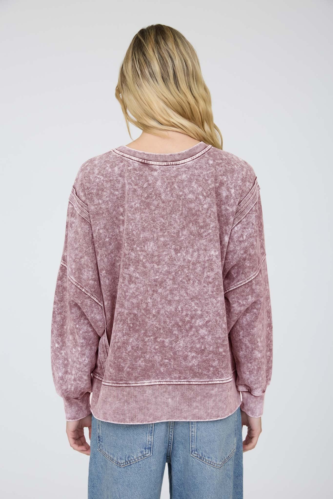 JOA Acid Wash Long Sleeve Side Slit Knit Top