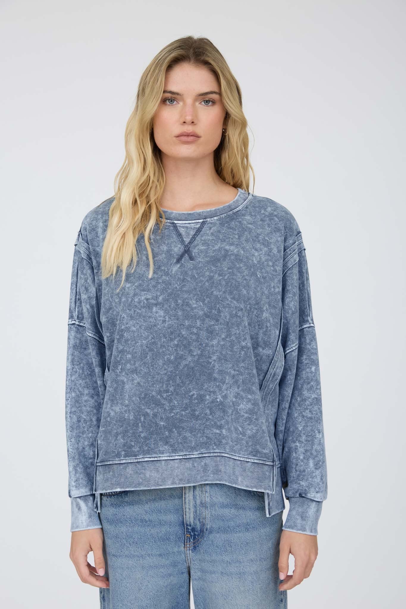 JOA Acid Wash Long Sleeve Side Slit Knit Top