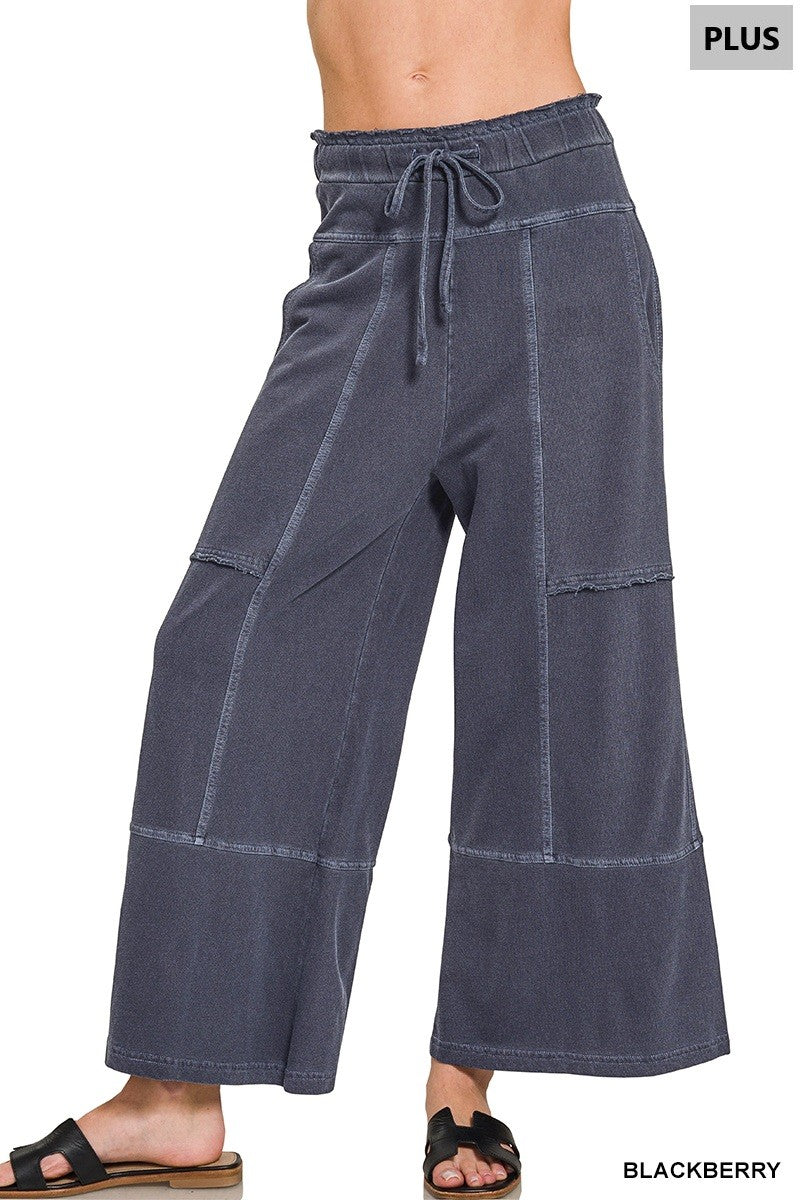 Zenana Plus Size French Terry Exposed Seam Wide Leg Pants