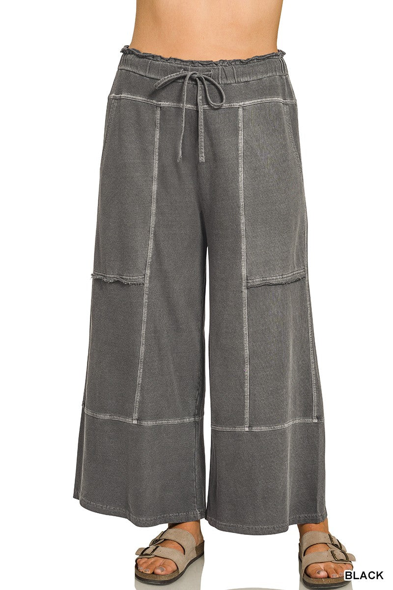 Zenana Plus Size French Terry Exposed Seam Wide Leg Pants