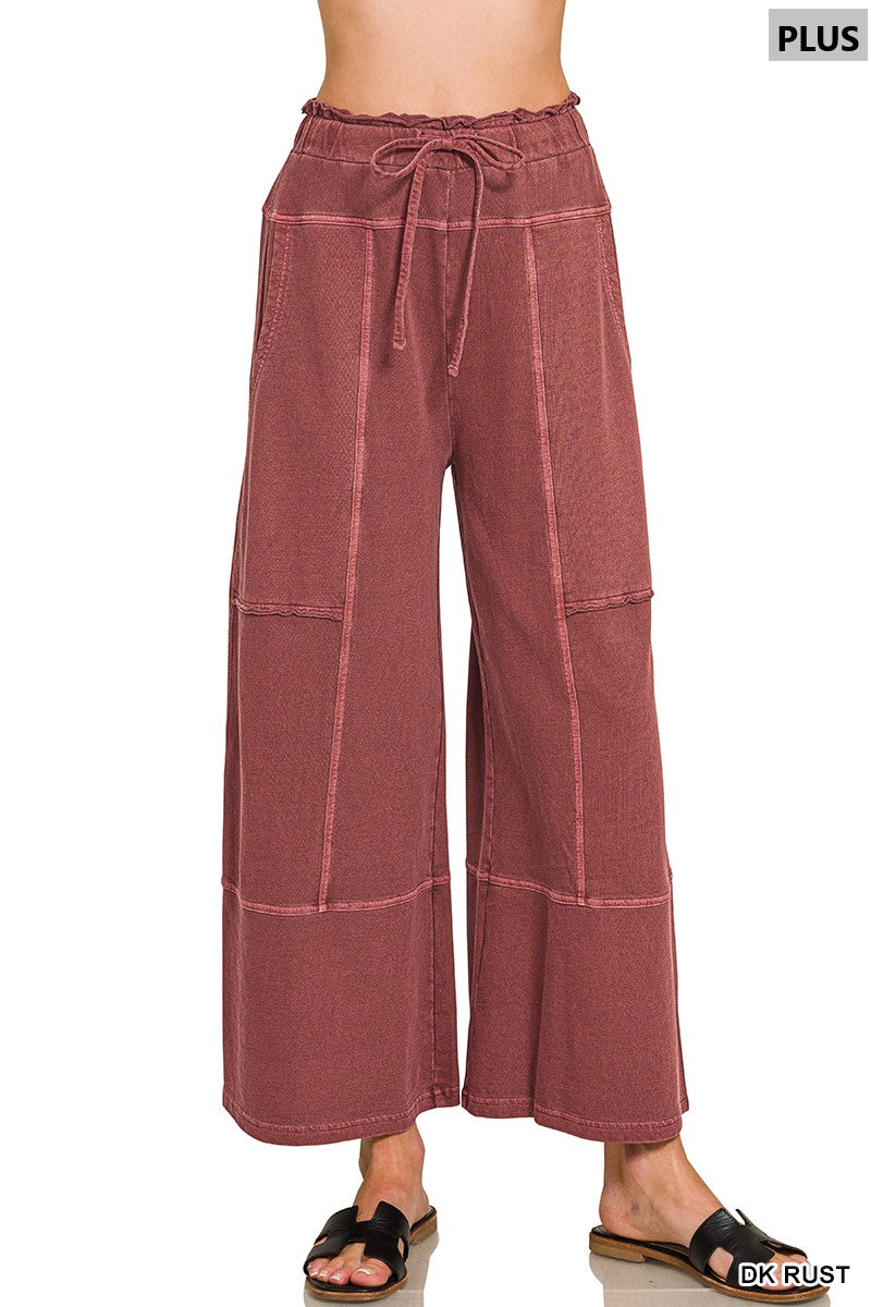 Zenana Plus Size French Terry Exposed Seam Wide Leg Pants