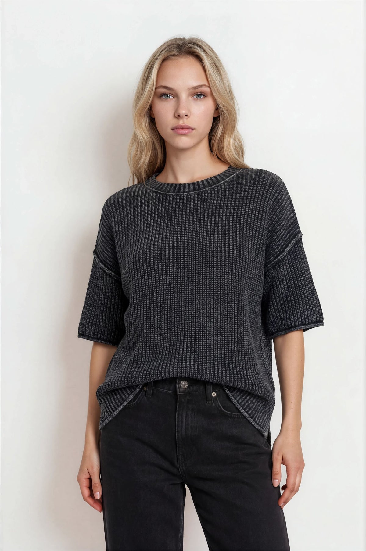 Blu Pepper Crew Neck Short Sleeve Drop Shoulder Raw Edge Sweater