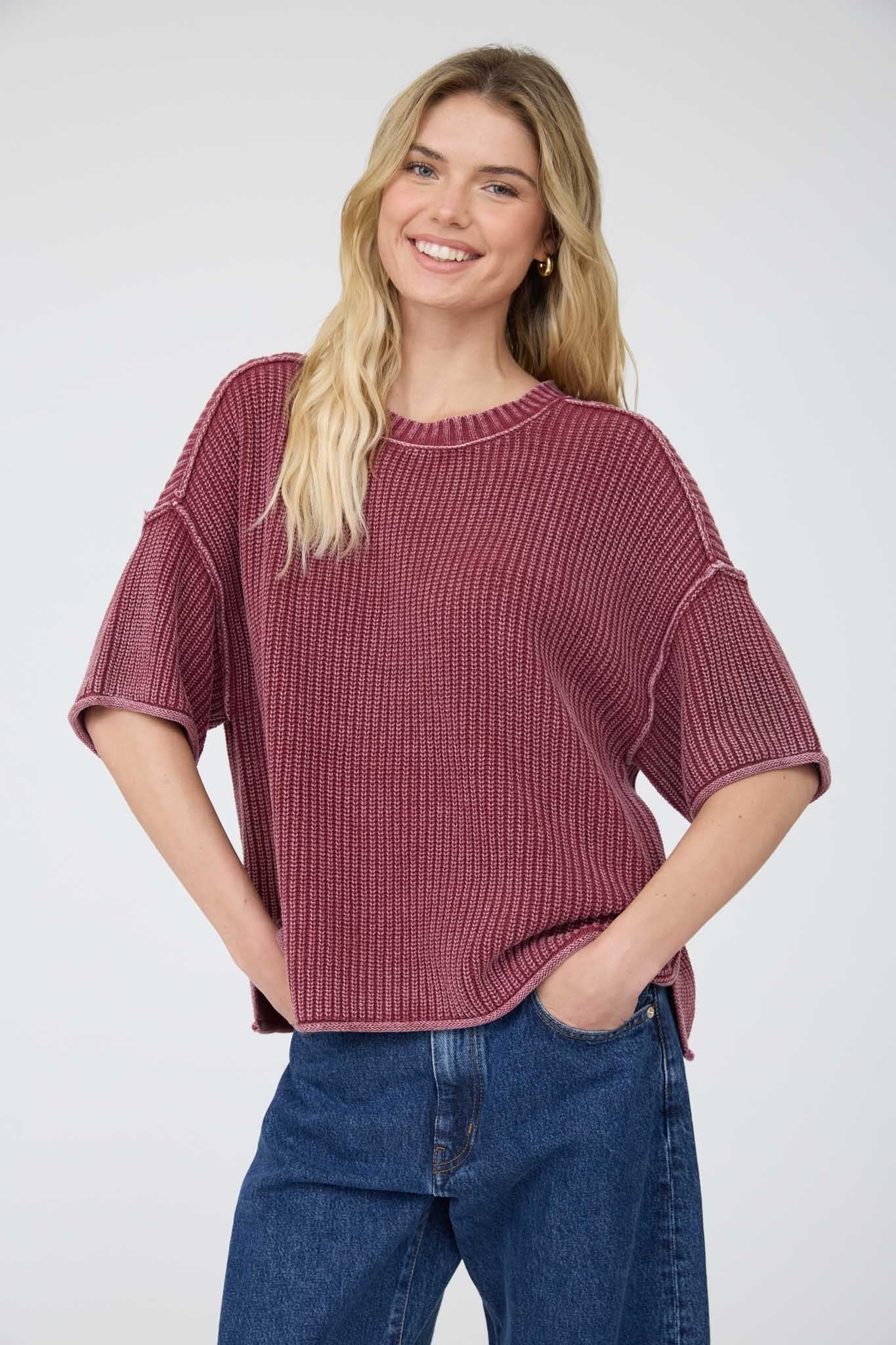 Blu Pepper Crew Neck Short Sleeve Drop Shoulder Raw Edge Sweater