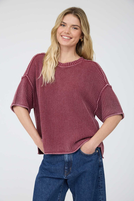 JOA Crew Neck Short Sleeve Drop Shoulder Raw Edge Sweater