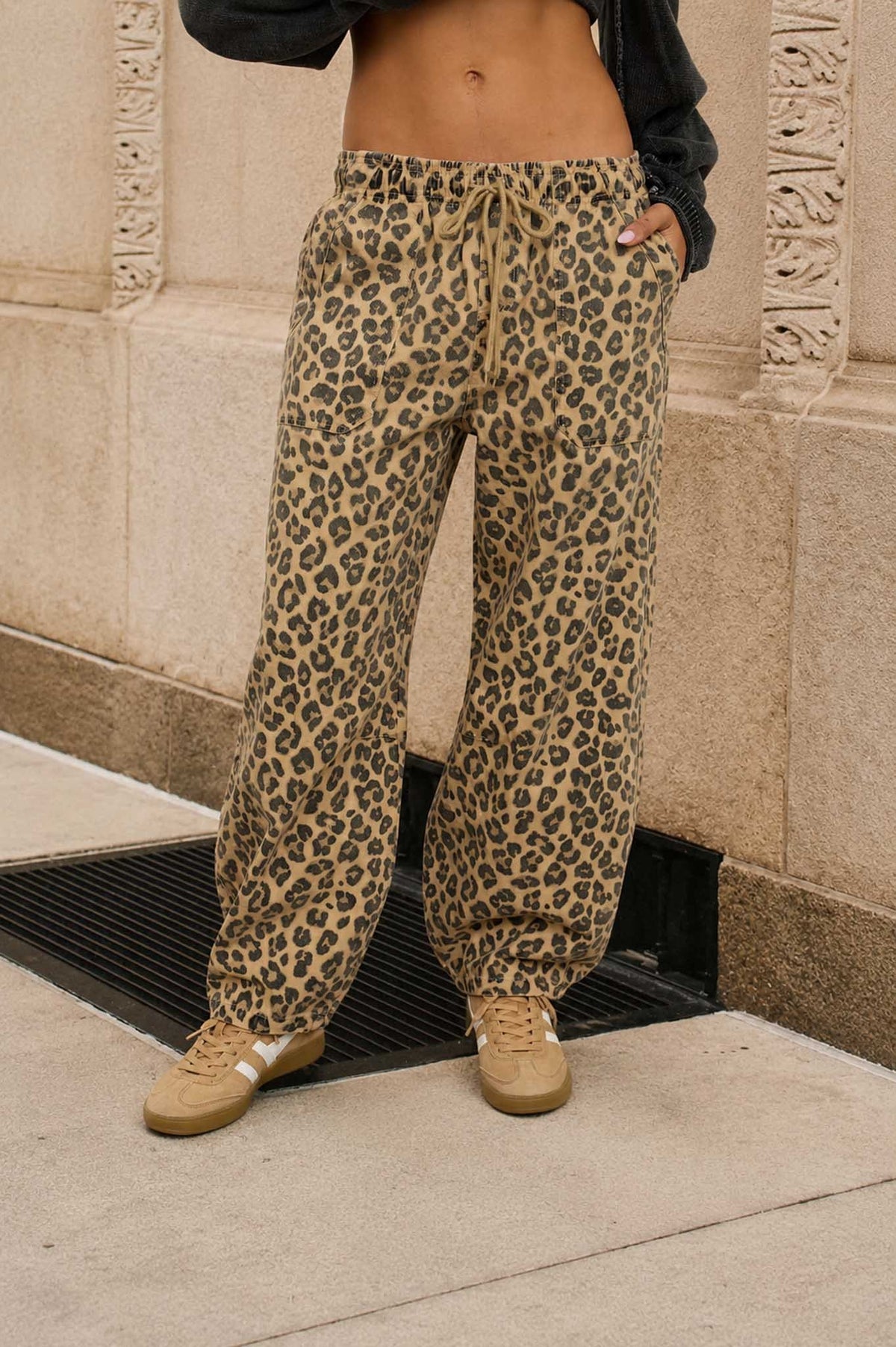 JOA Leopard Print Drawstring Barrel Pants