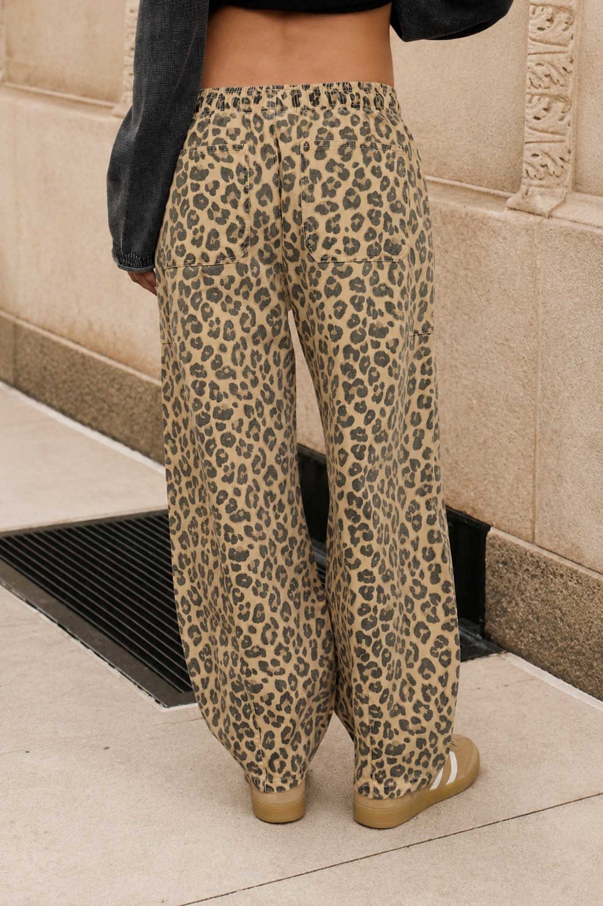 JOA Leopard Print Drawstring Barrel Pants