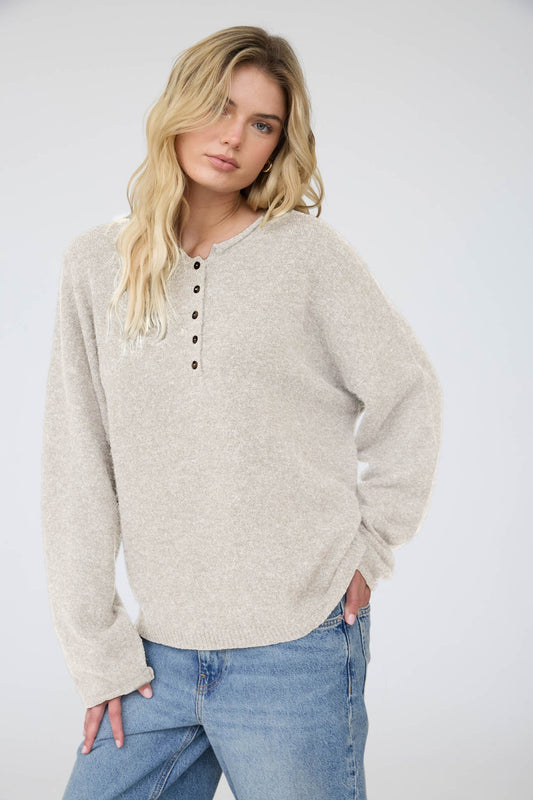 JOA Raw Rolled Edge Henley Relaxed Pullover Sweater