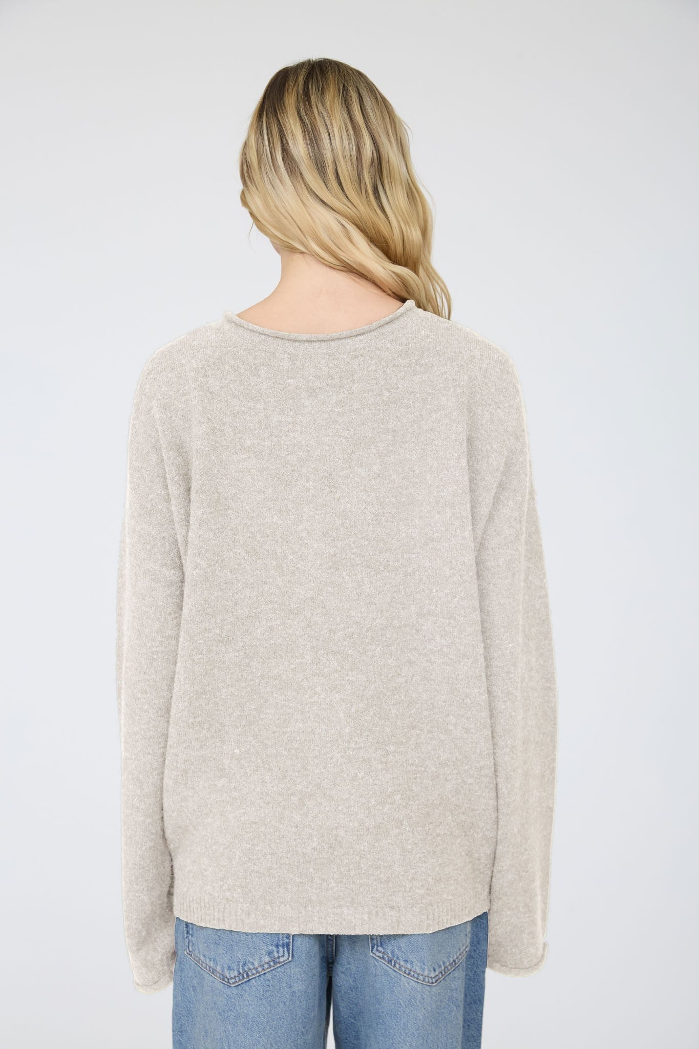 JOA Raw Rolled Edge Henley Relaxed Pullover Sweater