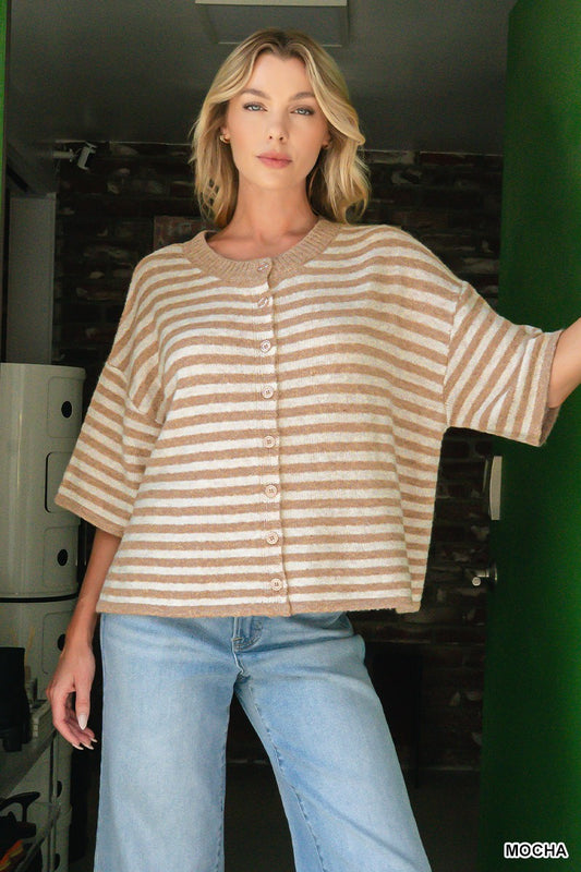Zenana Striped Wool Blend Half Sleeve Cardigan Sweater