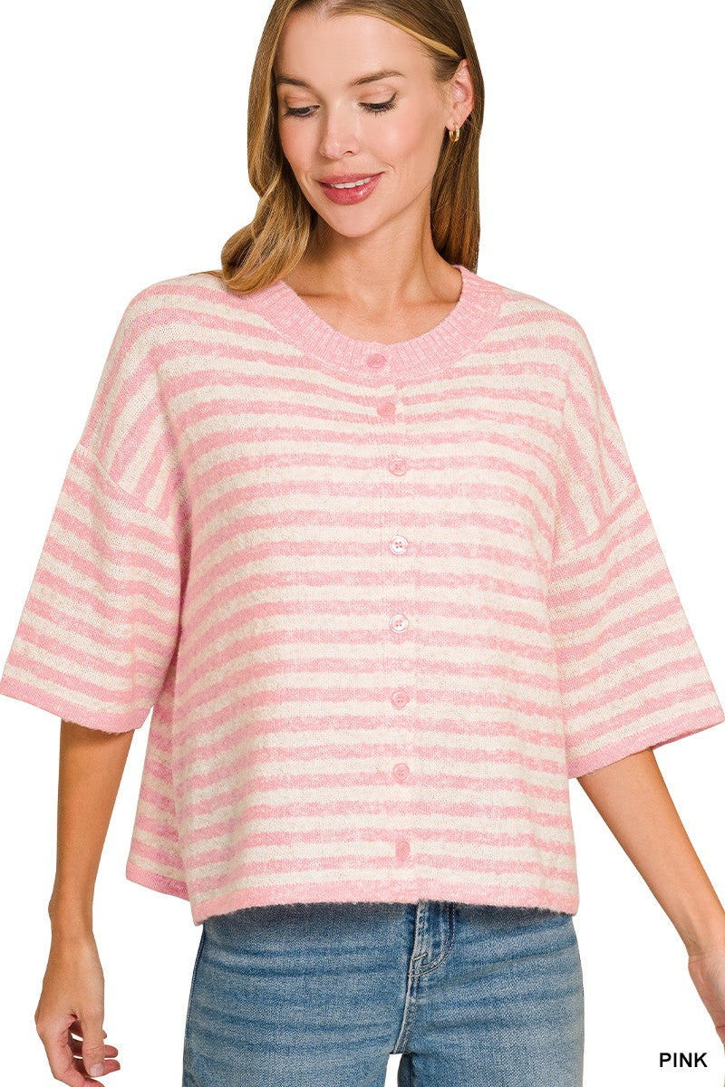 Zenana Striped Wool Blend Half Sleeve Cardigan Sweater