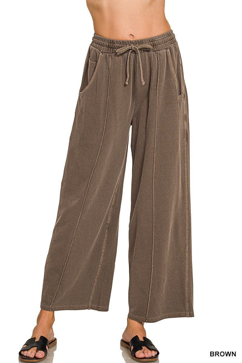Zenana French Terry Wide Leg Pigment & Enzyme Pintuck Pants