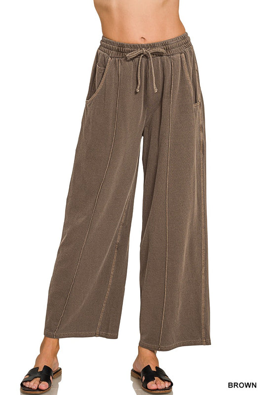 Zenana French Terry Wide Leg Pigment & Enzyme Pintuck Pants