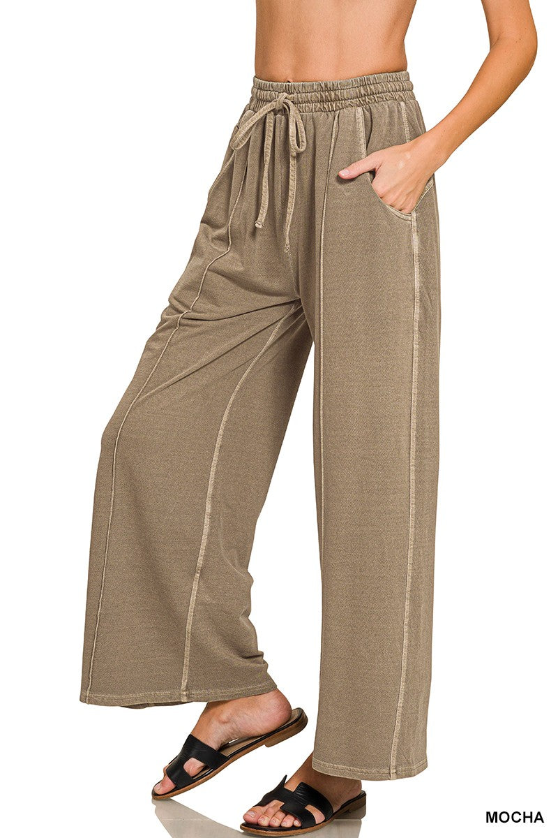 Zenana French Terry Wide Leg Pigment & Enzyme Pintuck Pants