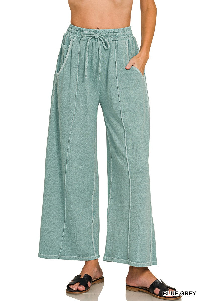 Zenana French Terry Wide Leg Pigment & Enzyme Pintuck Pants
