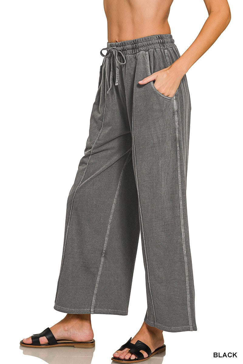 Zenana French Terry Wide Leg Pigment & Enzyme Pintuck Pants