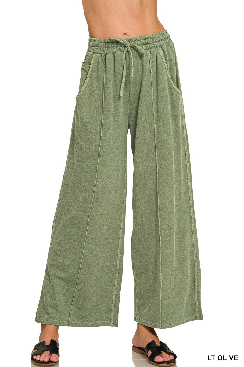 Zenana French Terry Wide Leg Pigment & Enzyme Pintuck Pants