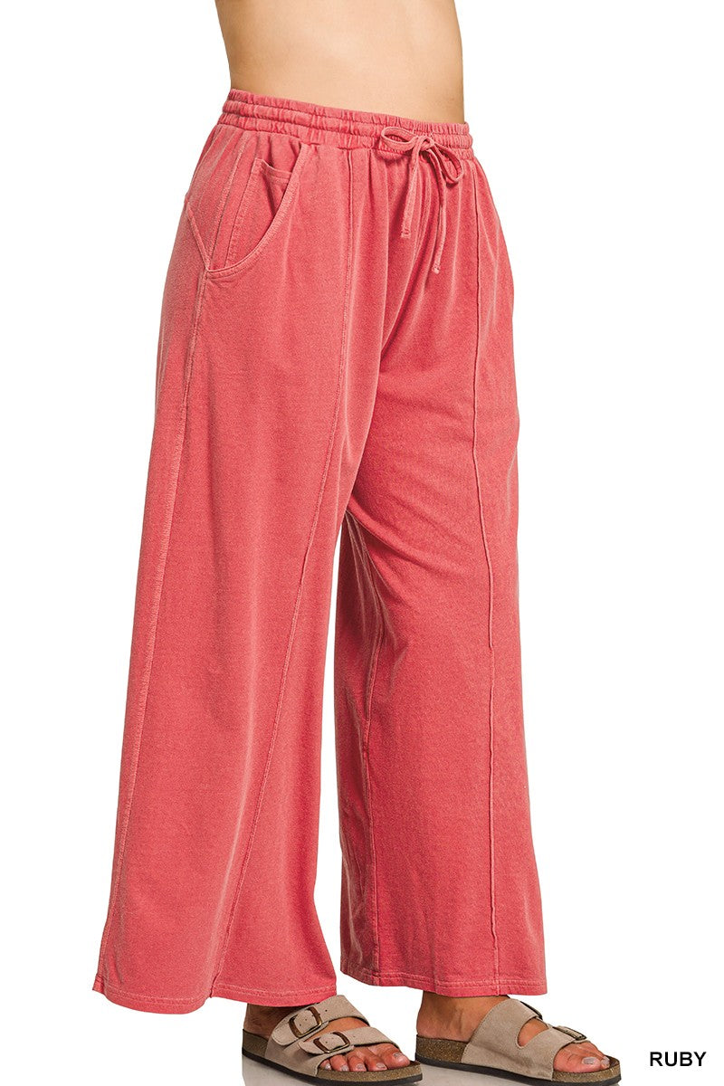 Zenana French Terry Wide Leg Pigment & Enzyme Pintuck Pants