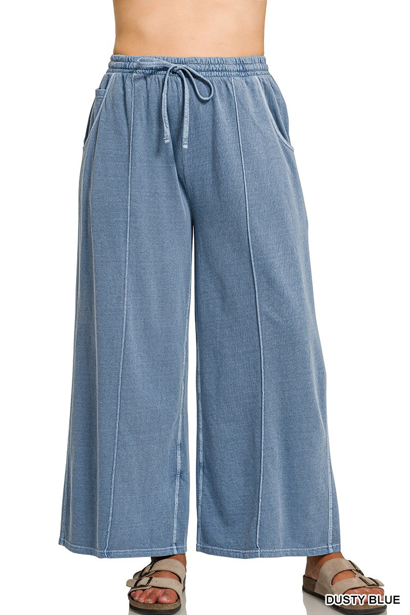 Zenana French Terry Wide Leg Pigment & Enzyme Pintuck Pants