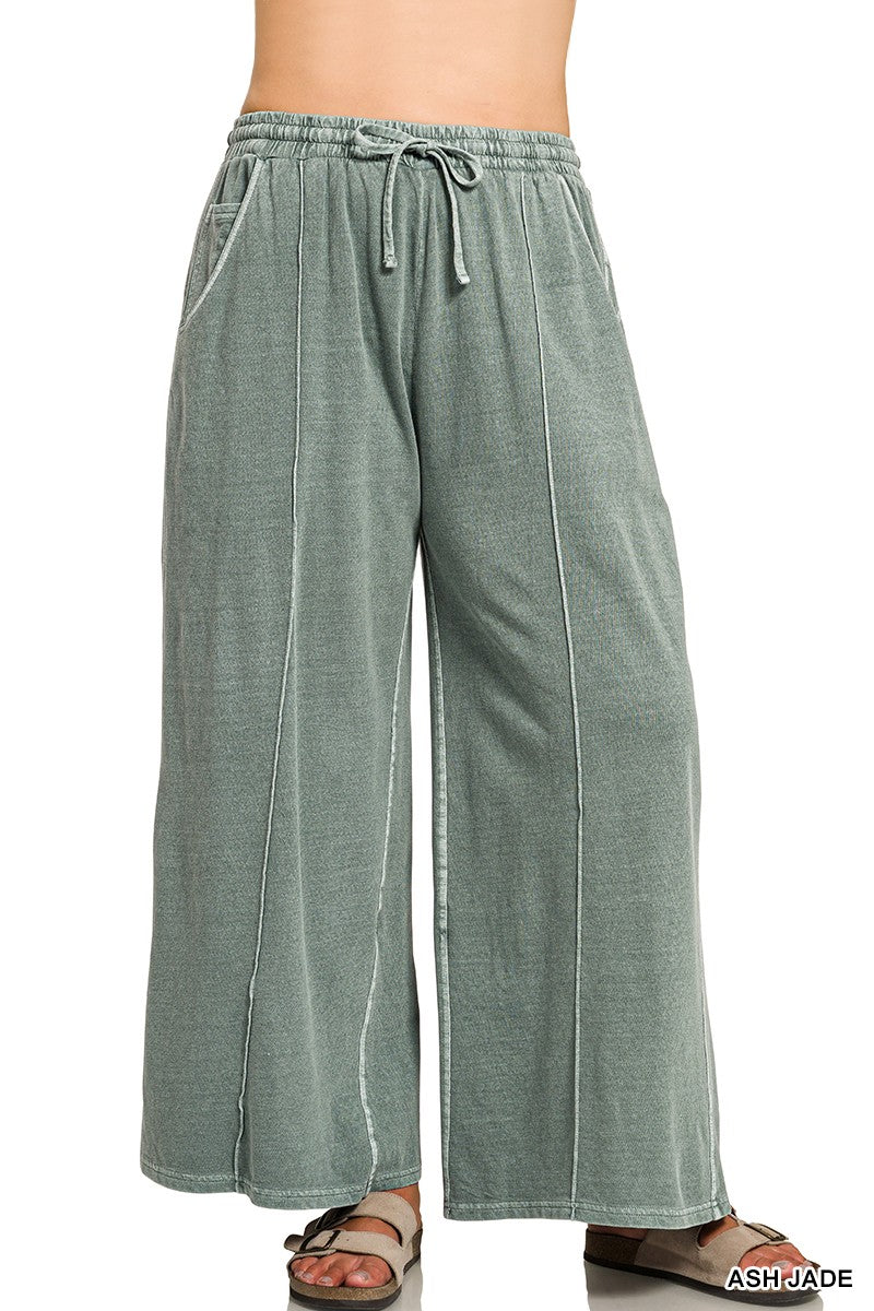 Zenana French Terry Wide Leg Pigment & Enzyme Pintuck Pants