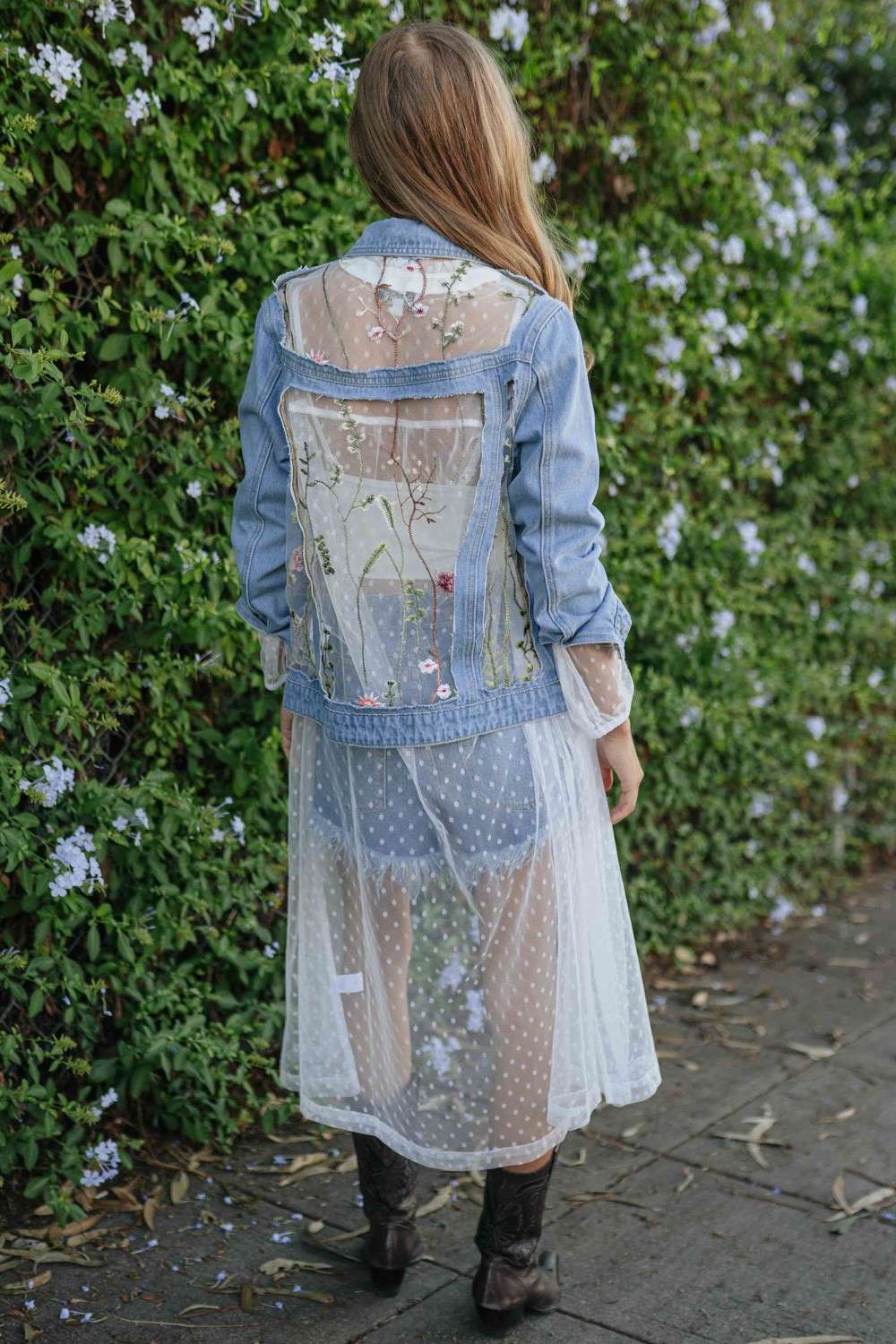 Davi & Dani Floral Embroidery Mesh Denim Jacket