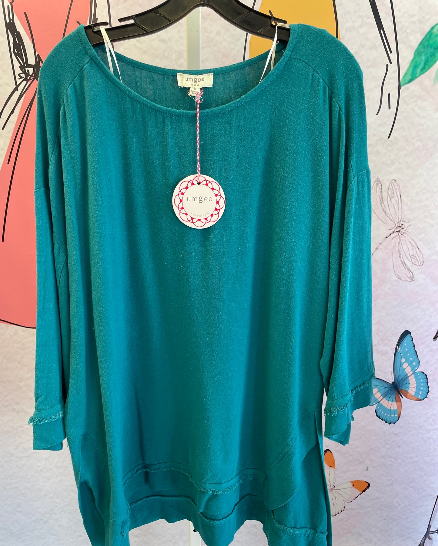 Umgee Long Sleeve Frayed Edge Top With Side Slits