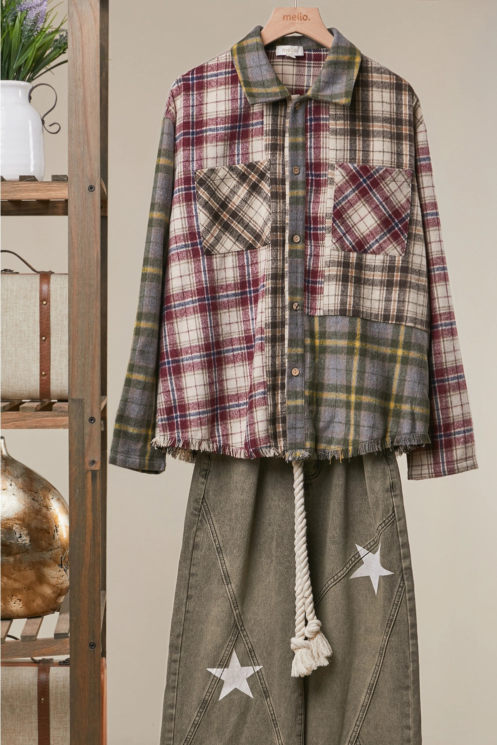 Mello Mixed Plaid Patchwork Button Up Shirt