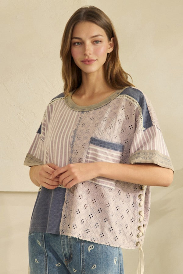 Oli & Hali Crochet Stripe Mix Lace Up Side & Back Top