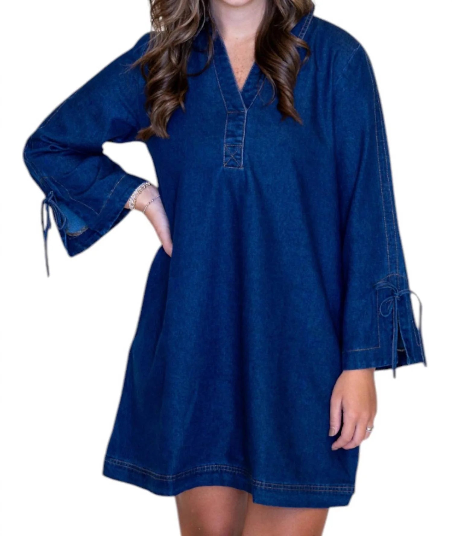 Entro Denim Dress W/Slit Sleeves & Cinch Waist With Tie Back M