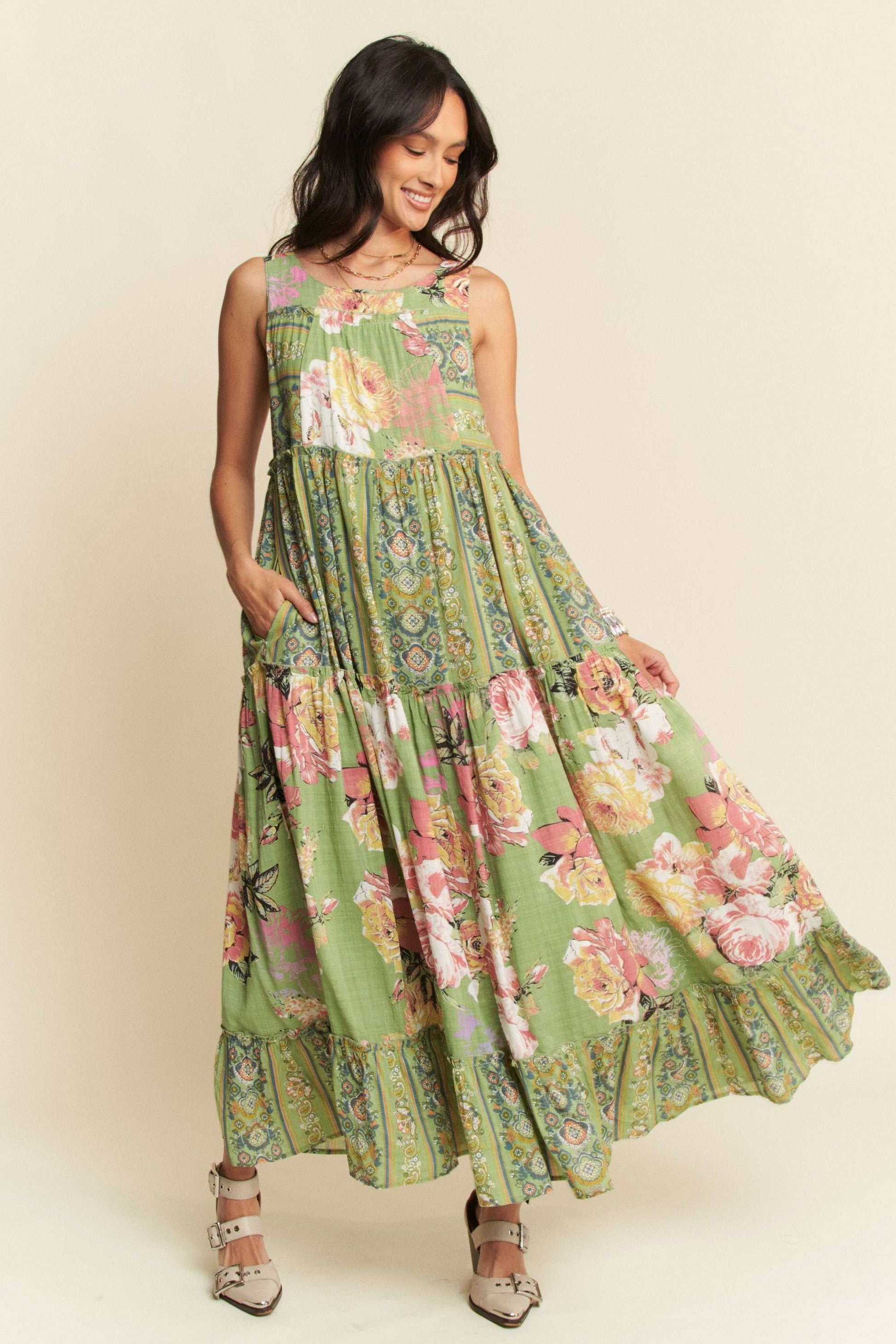 Davi & Dani Floral Boho Stripe Mixed Long Dress L / Pink Beige