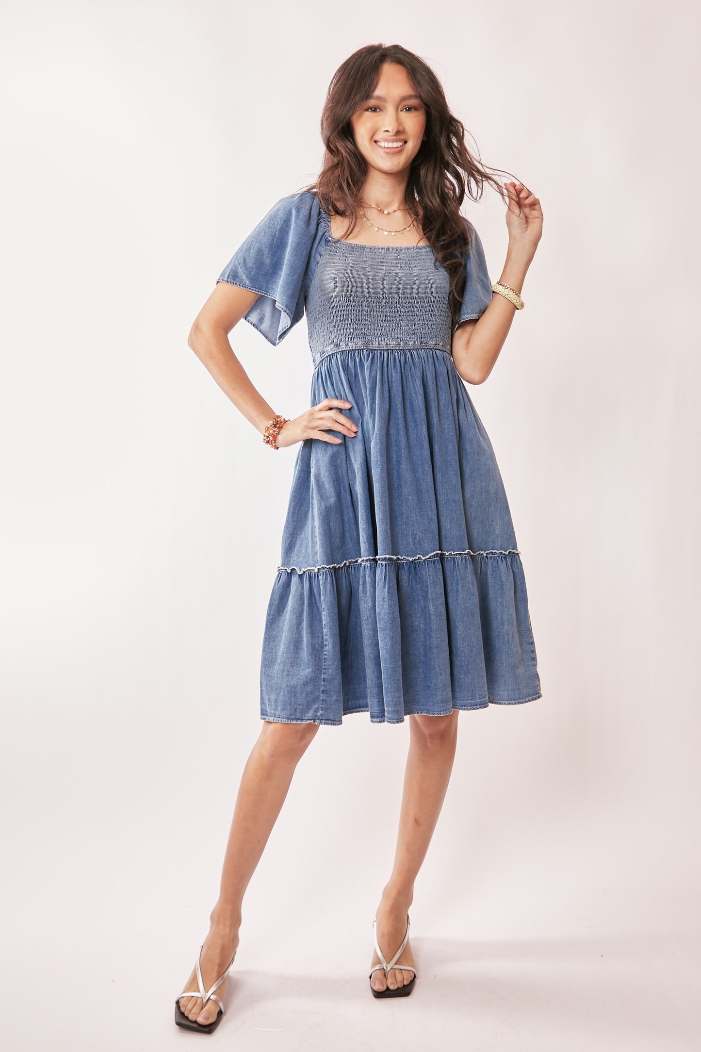 Davi & Dani Denim Elastic Ruched Chest Dress