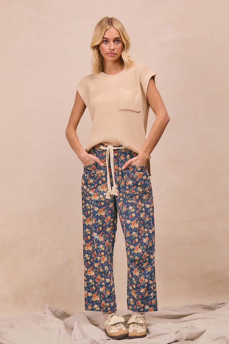 Bibi  Denim Ditsy Printed Braided Waist Bel Pants