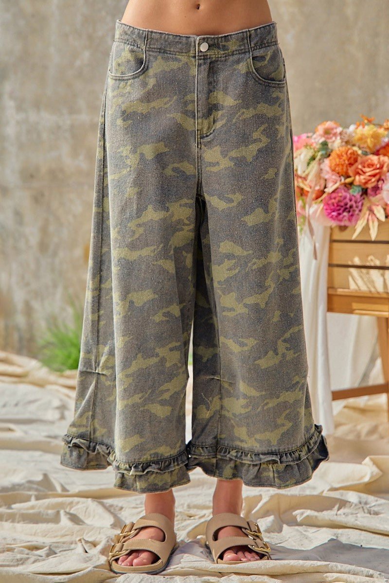 Bibi Camouflage Printed Denim Ruffled Hem Bloomer Pants