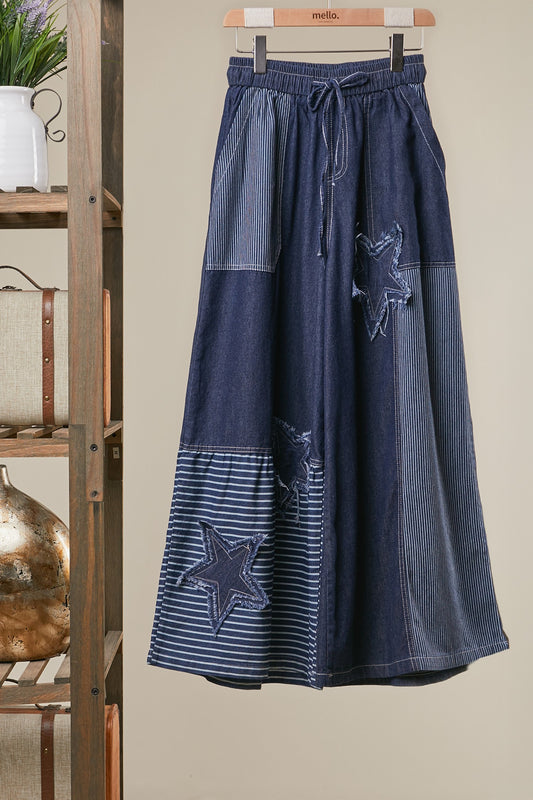 Mello Frayed Star Patch Denim Wide Pants