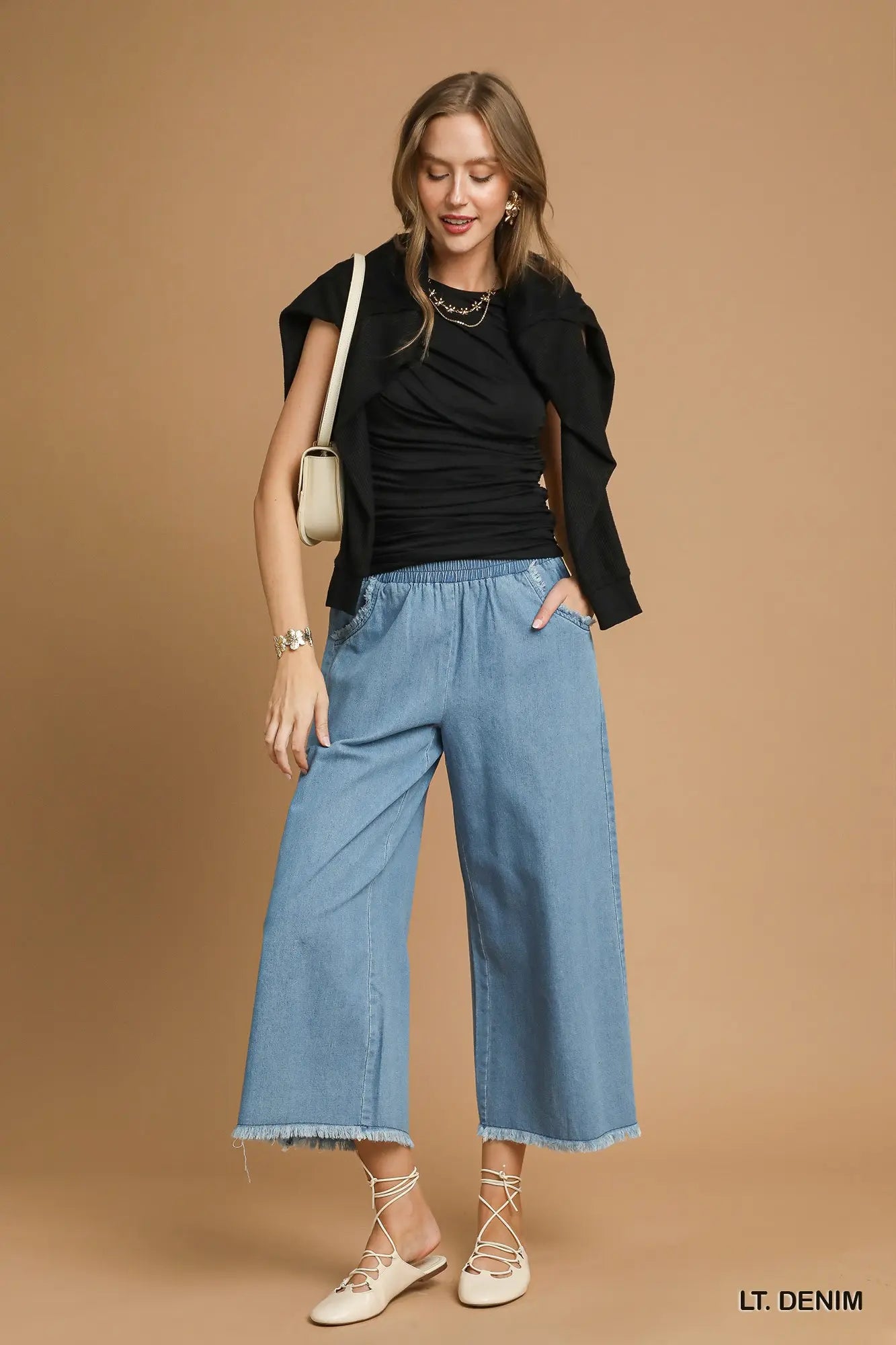 Umgee Denim Pants With Fringe Hem