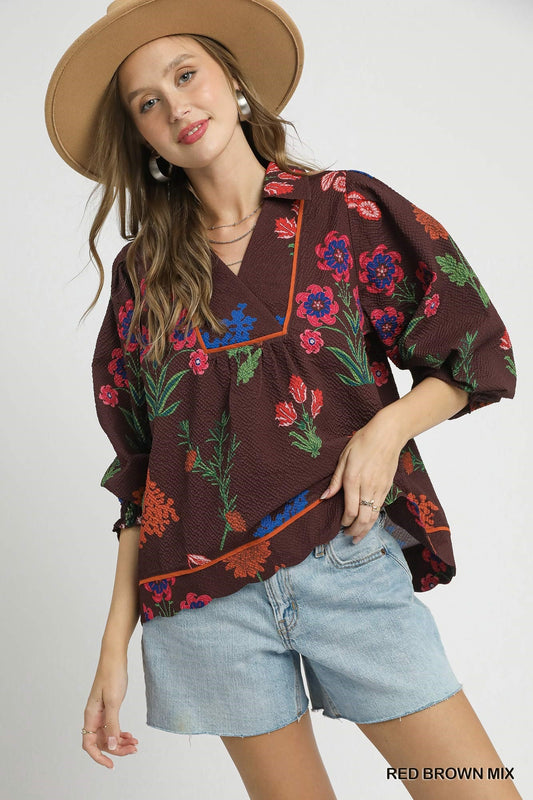 Umgee Print Textured Fabric Top
