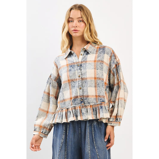 Mittoshop Washed Plaid Ruffle Hem Balloon Sleeve Shirt