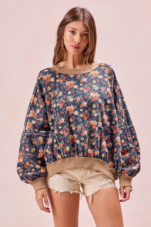 Bibi Floral Denim Frayed With Rib Band Top