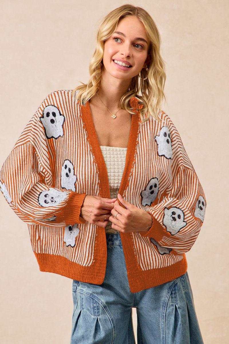 Bibi Halloween Two Tone Knit Cardigan With Sequin Ghosts