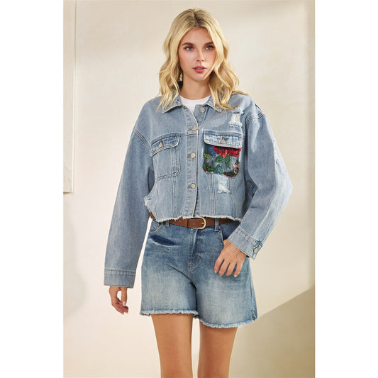 Veveret Denim jacket with Lace Floral Contrast