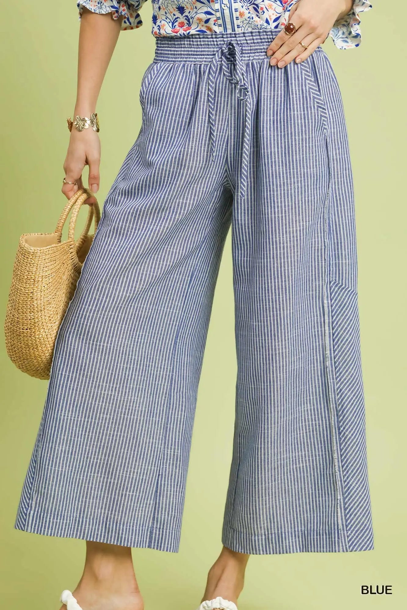 Umgee Linen Striped Wide Leg Pants