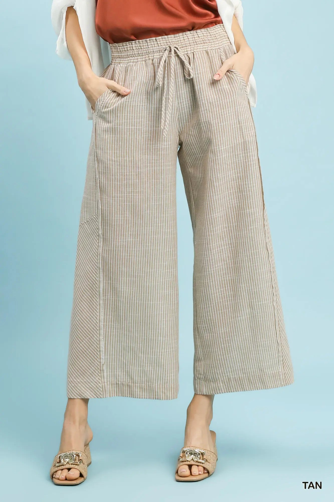 Umgee Linen Striped Wide Leg Pants
